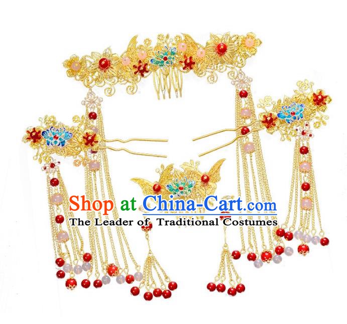 Traditional Chinese Ancient Bride Hair Accessories Xiuhe Suit Hairpins Blueing Lotus Hair Clasp Complete Set for Women