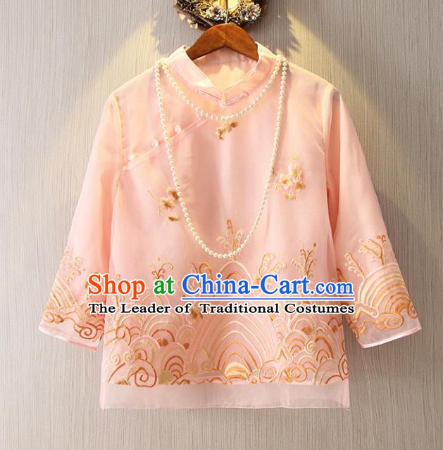 Chinese Traditional National Pink Cheongsam Shirt Tangsuit Stand Collar Embroidered Blouse for Women