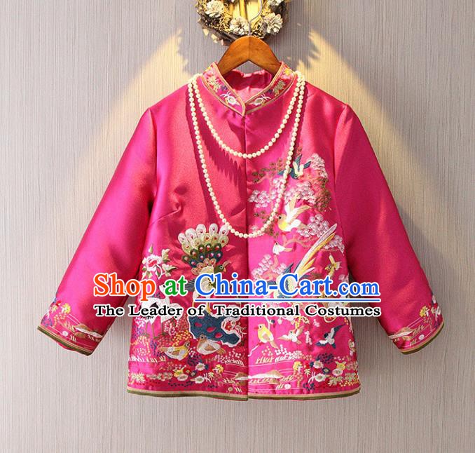 Chinese Traditional National Rosy Cheongsam Jacket Tangsuit Stand Collar Embroidered Coats for Women