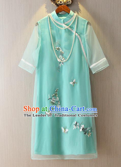 Chinese Traditional National Costume Green Cheongsam Tangsuit Embroidered Butterfly Short Dress for Women