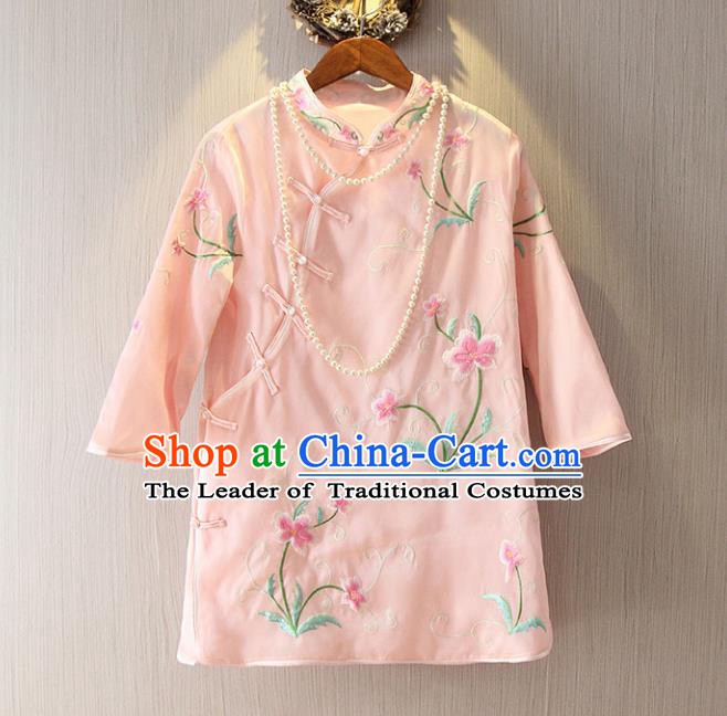 Chinese Traditional National Costume Cheongsam Blouse Tangsuit Embroidered Pink Qipao Shirts for Women