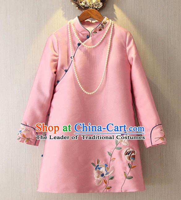 Chinese Traditional National Costume Pink Cheongsam Tangsuit Embroidered Qipao Dress for Women