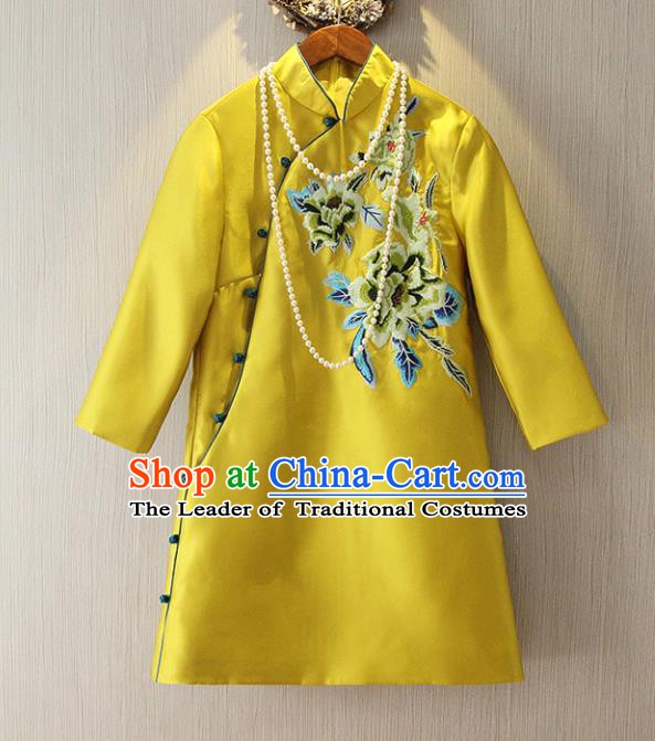 Chinese Traditional National Costume Yellow Cheongsam Tangsuit Embroidered Qipao Dress for Women