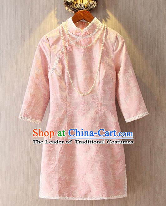 Chinese Traditional National Costume Pink Lace Cheongsam Tangsuit Embroidered Qipao Dress for Women