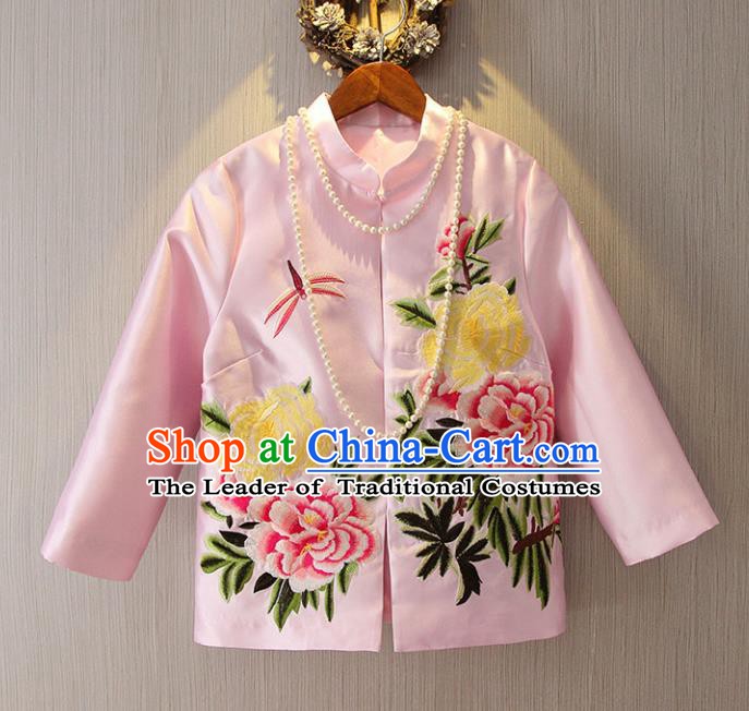 Chinese Traditional National Costume Pink Cheongsam Jacket Tangsuit Embroidered Upper Outer Garment for Women