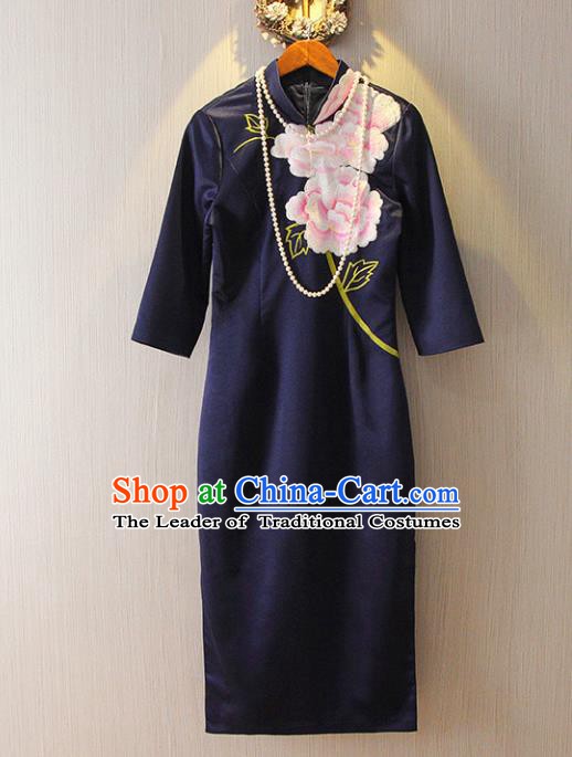 Chinese Traditional National Cheongsam Costume Tangsuit Embroidered Navy Dress for Women