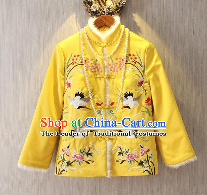 Chinese Traditional National Costume Cheongsam Cotton-padded Jacket Tangsuit Embroidered Yellow Coats for Women