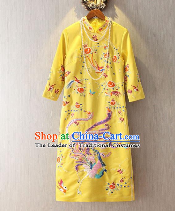 Chinese Traditional National Cheongsam Dress Tangsuit Embroidered Phoenix Yellow Qipao for Women