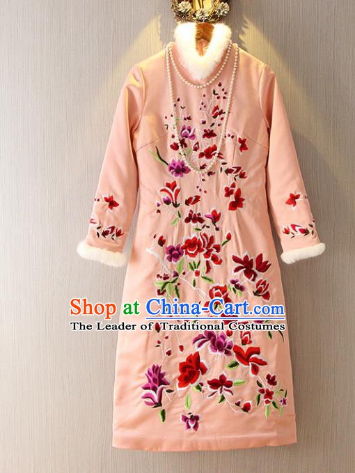 Chinese Traditional National Costume Embroidered Pink Cheongsam Tangsuit Qipao Dress for Women