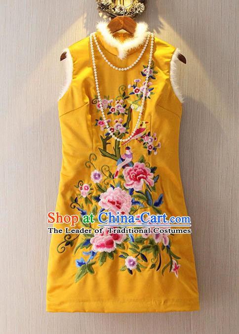 Chinese Traditional National Costume Embroidered Yellow Cheongsam Tangsuit Qipao Dress for Women