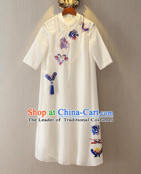 Chinese Traditional National Costume White Qipao Tangsuit Embroidered Butterfly Cheongsam Dress for Women