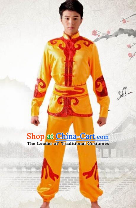 Traditional Chinese Yangge Dance Fan Dance Costume, Folk Drum Dance Dragon Boat Yellow Uniform Yangko Clothing for Men