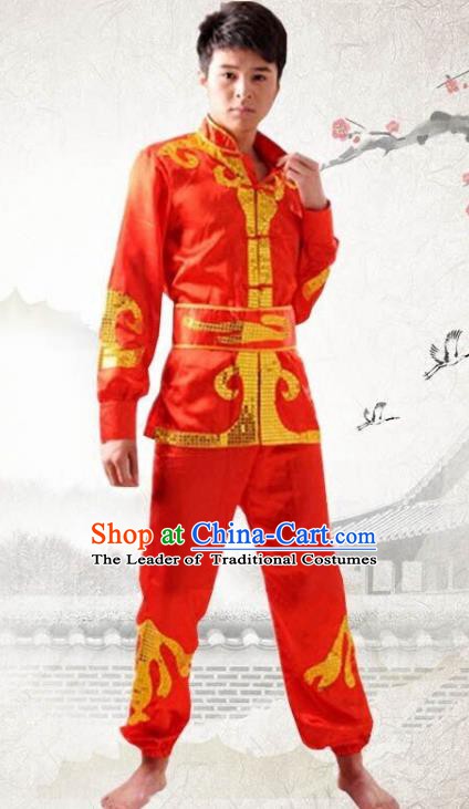 Traditional Chinese Yangge Dance Fan Dance Costume, Folk Drum Dance Dragon Boat Red Uniform Yangko Clothing for Men