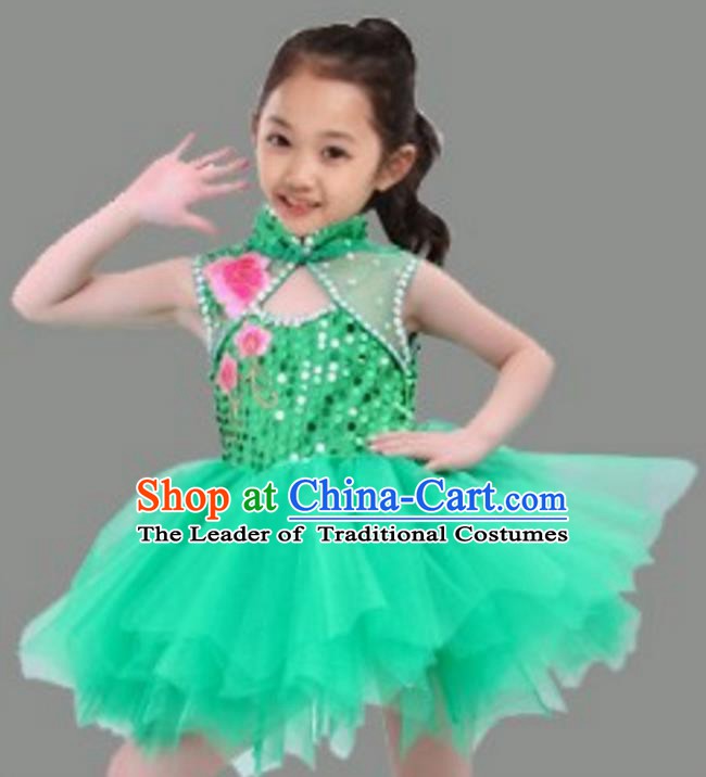 Chinese Classical Stage Performance Dance Costume, Children Chorus Modern Dance Green Dress for Kids