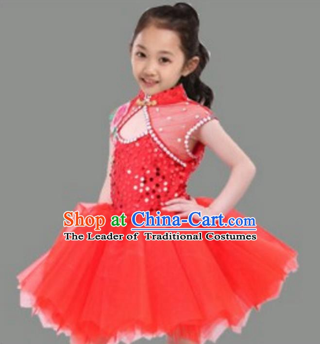 Chinese Classical Stage Performance Dance Costume, Children Chorus Modern Dance Red Dress for Kids