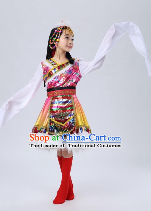 Traditional Chinese Mongol Nationality Dance Rosy Costume, Mongols Children Folk Dance Ethnic Pleated Skirt for Kids