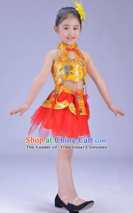 Chinese Classical Stage Performance Dance Costume, Children Yangko Dance Yellow Bubble Dress for Kids