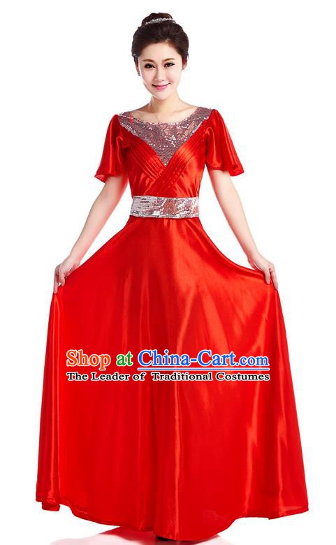 Chinese Classic Stage Performance Chorus Singing Group Costume, Chorus Competition Red Dress for Women