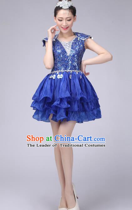 Chinese Classic Stage Performance Costume Modern Dance Blue Bubble Dress for Women