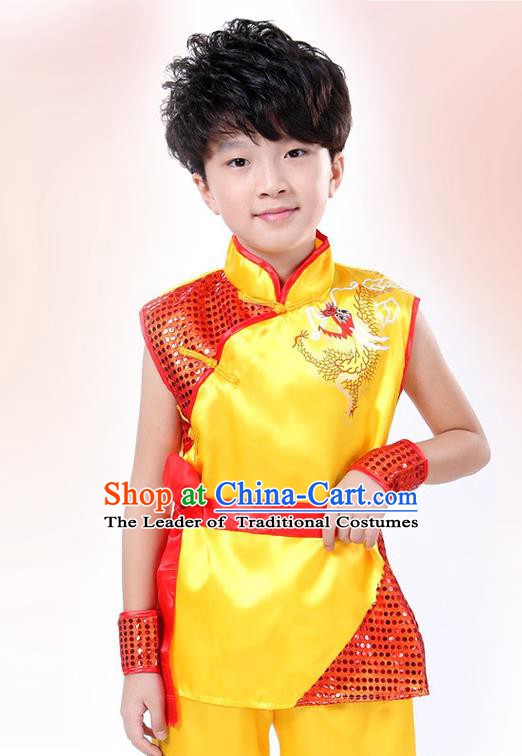 Traditional Chinese Yangge Dance Costume, Folk Dance Lion Dance Short Sleeve Yellow Uniform Yangko Clothing for Kids