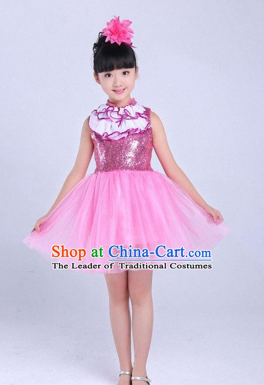 Children Modern Dance Compere Costume Pink Dress, Chorus Singing Group Girls Clothing for Kids