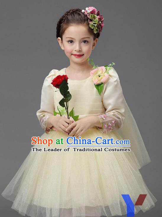 Top Grade Modern Dance Costume, Children Chorus Singing Group Dance Beige Veil Dress for Kids