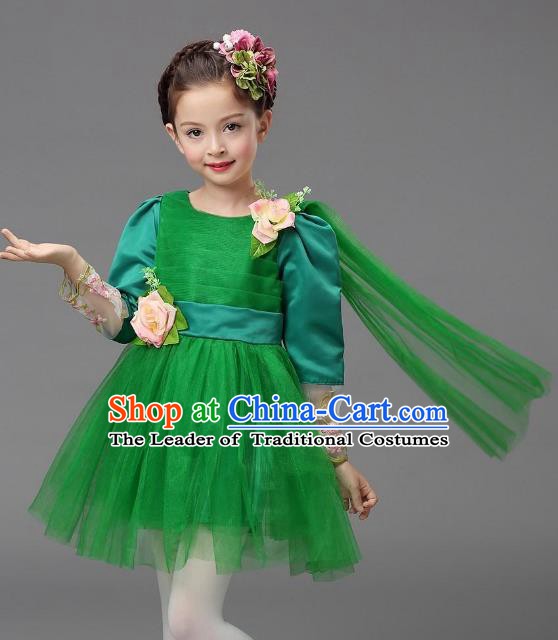 Top Grade Modern Dance Costume, Children Chorus Singing Group Dance Green Veil Dress for Kids