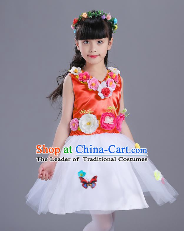 Top Grade Flower Faerie Modern Dance Costume, Children Chorus Singing Group Dance Red Dress for Kids