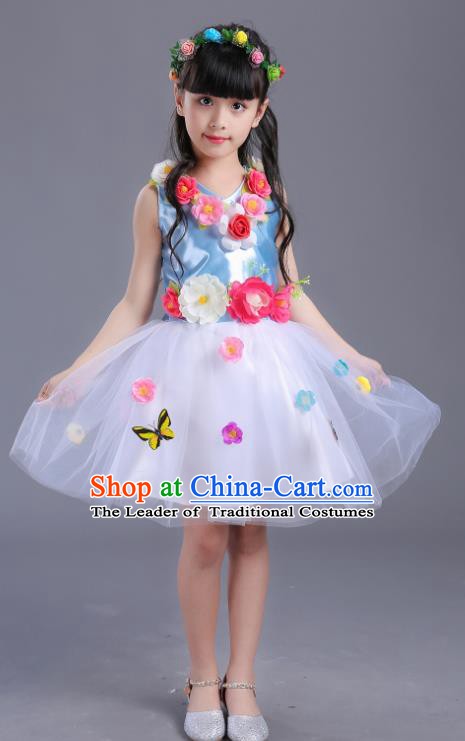 Top Grade Flower Faerie Modern Dance Costume Blue Dress, Children Chorus Singing Group Dance Clothing for Kids