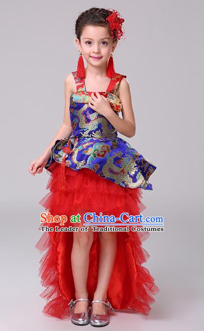 Top Grade Stage Performance Dance Costume, Professional Modern Dance Blue Trailing Dress for Kids