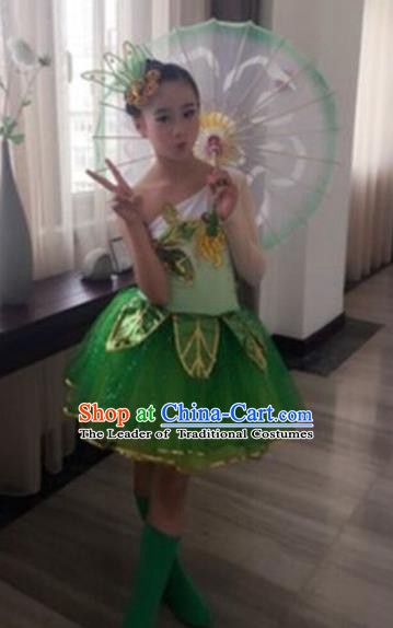 Top Grade Stage Performance Lotus Dance Costume, Professional Classical Dance Green Clothing for Kids