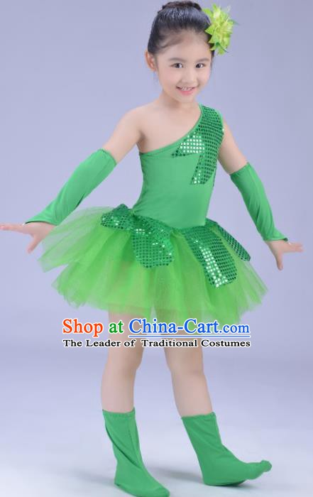 Top Grade Stage Performance Dance Costume, Professional Modern Dance Green Dress for Kids