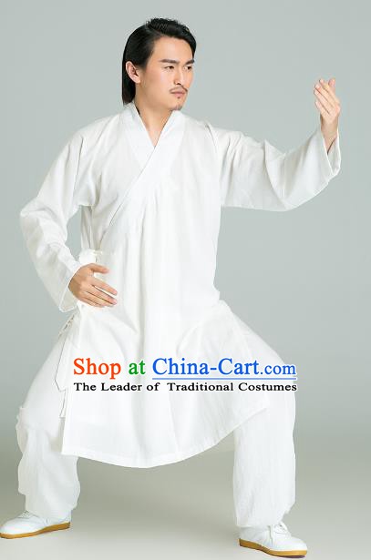 Top Grade Linen Kung Fu Costume White Long Robe Martial Arts Training Gongfu Wushu Tang Suit Clothing for Men