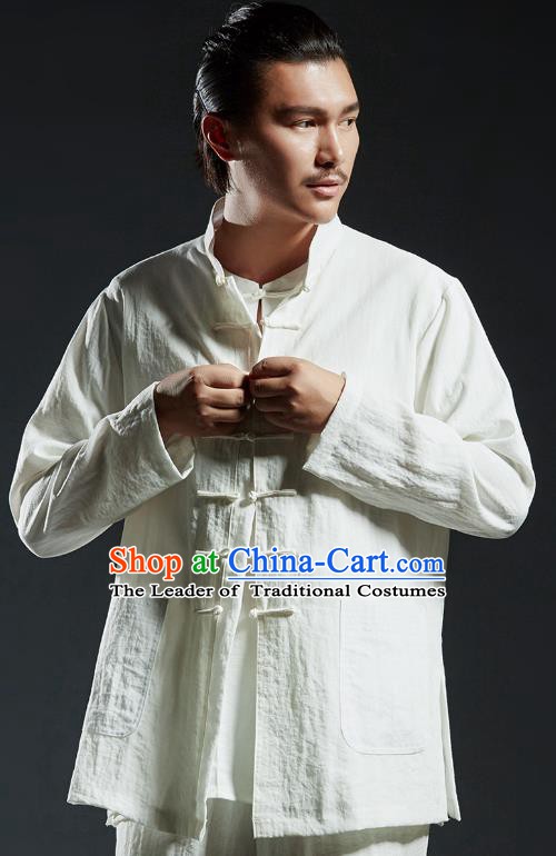 Chinese Kung Fu Shirts Martial Arts White Linen Jacket Gongfu Costume Wushu Tai Chi Clothing for Men