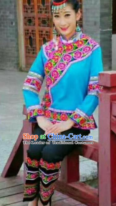 Traditional Chinese Miao Nationality Dance Blue Costume Chinese Hmong Minority Embroidered Costume for Women