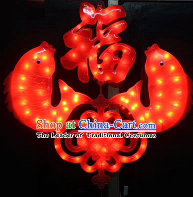 Traditional Handmade Chinese Character Fortune Lanterns Spring Festival Double Fishes Electric LED Lights Lamps Hanging Lamp Decoration