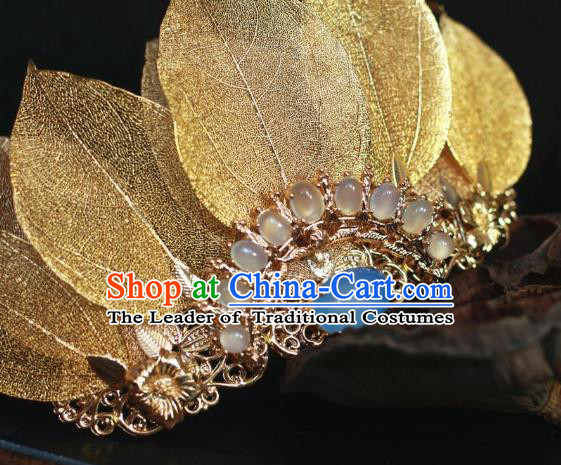 Traditional Chinese Ancient Blue Opal Lotus Coronet Classical Hair Accessories Handmade Hairpins for Women