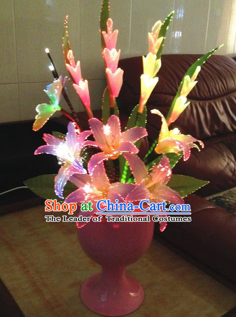 Traditional Handmade Chinese Greenish Lily Flowers Electric LED Lights Lamps Lamp Decoration