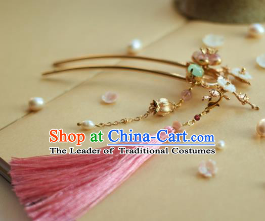 Traditional Chinese Ancient Pink Tassel Hair Clips Hair Accessories Handmade Hanfu Hairpins for Women