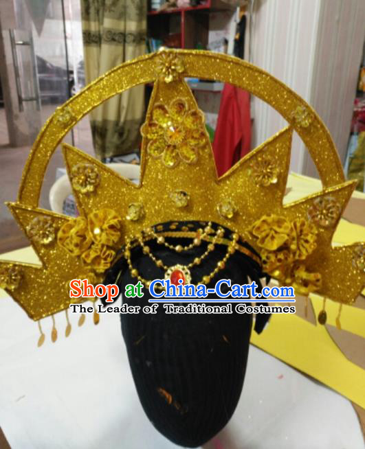 Chinese Traditional Classical Dance Hair Accessories Samba Dance Golden Hat Headwear for Women