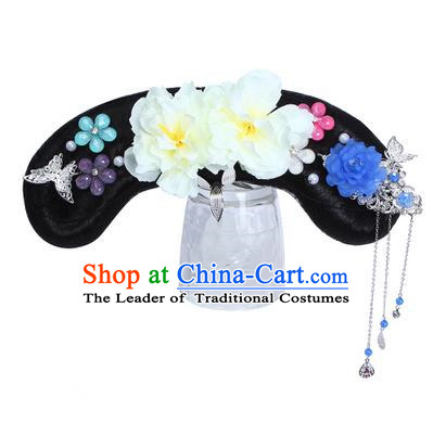 Chinese Ancient Manchu Princess Hair Accessories Wig and White Peony Hairpins Traditional Qing Dynasty Palace Lady Headwear for Kids