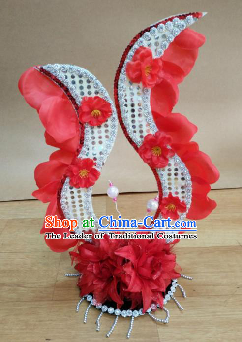 Chinese Classical Dance Hair Accessories Traditional Folk Dance Red Flowers Headwear for Women