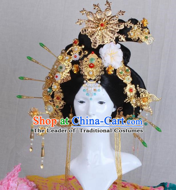 Chinese Ancient Hair Accessories Imperial Consort Wig and Phoenix Coronet Complete Set Traditional Palace Lady Headwear for Women