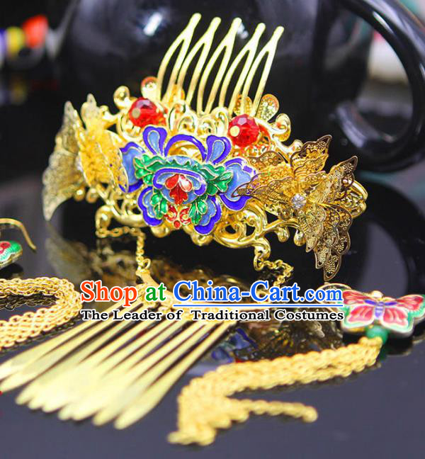 Chinese Ancient Hair Accessories Hanfu Golden Xiuhe Suit Hairpins Blueing Lotus Hair Comb Traditional Palace Headwear for Women