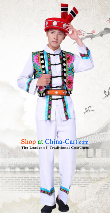 Traditional Chinese National Minority White Costumes and Headwear Tujia Ethnic Minority Embroidery Clothing for Men