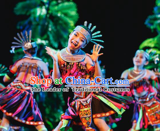 Traditional Chinese Folk Dance Minority Costume, Children Classical Dance Dress Clothing for Kids