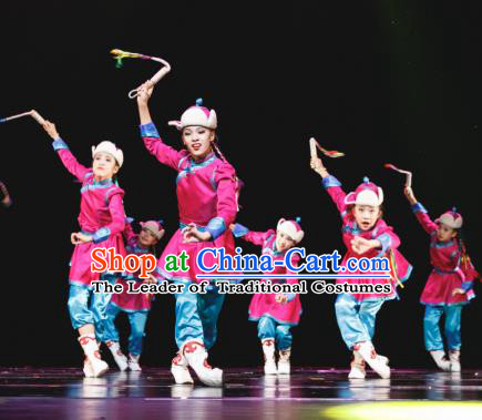 Traditional Chinese Mongolian Minority Folk Dance Costume, Children Mongols Dance Ethnic Dress Clothing for Kids