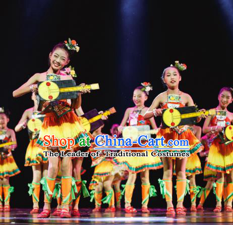 Traditional Chinese Dong Minority Folk Dance Costume, Children Yanko Dance Dress Clothing for Kids