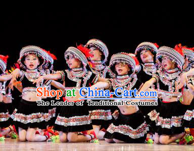 Chinese Traditional Folk Dance Ethnic Costume, Children Tujia National Minority Classical Dance Clothing for Kids