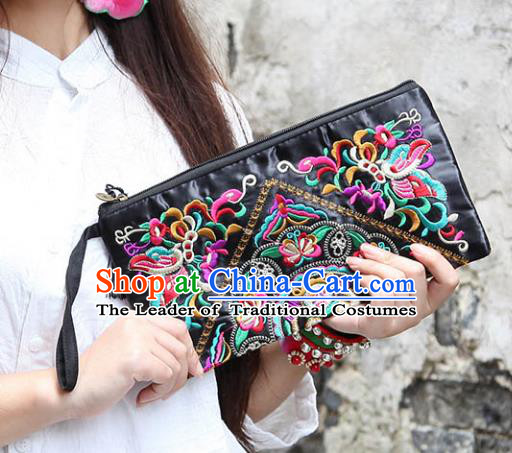 Chinese Traditional Embroidery Lotus Craft Embroidered Black Purse Handmade Handbag for Women